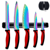 Kitchen Knife Set Kit | Red Handle & Black Magnetic Rack