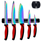 Kitchen Knife Set Kit | Red Handle & Black Magnetic Rack